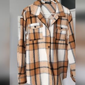 Beige Plaid Shacket Jacket - Women